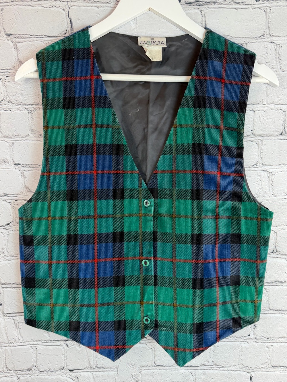 MARCIA Vintage Corduroy Plaid Vest Teal Blue M
